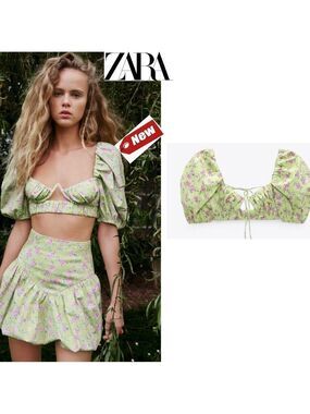 ZARA Green floral flower print puff sleeve crop top Sz L NWT